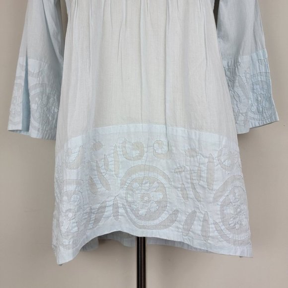 Le Cera Hand Sewed Blue Floral Patchwork Button Beach Cover Up Sheer Tunic Top S - Picture 5 of 15